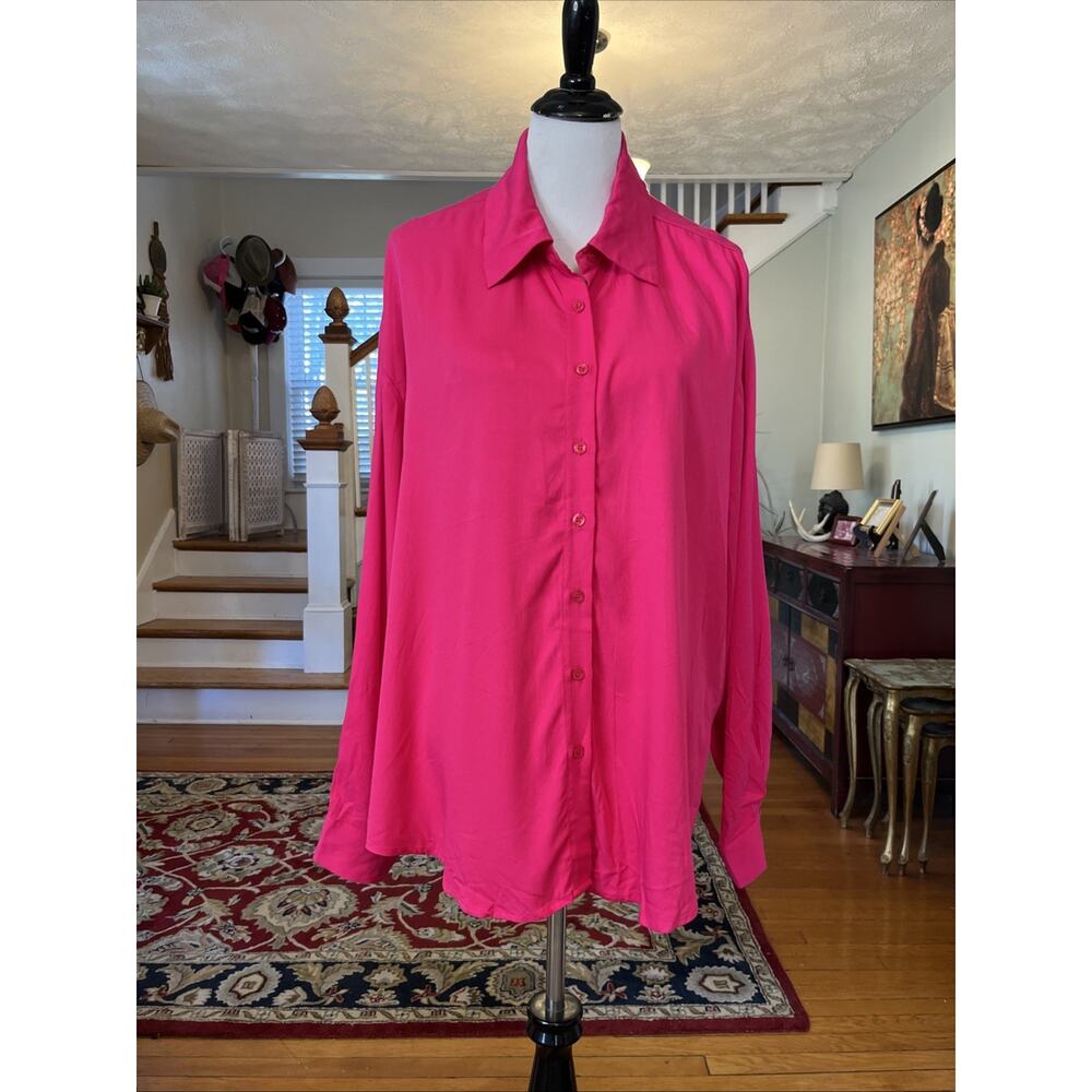 NEW Eloquii Size 20 Bright Hot Pink Button Up Classic Shirt Rayon 2X Plus Tunic